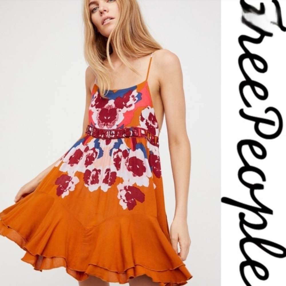 Free People Vibrant Orange Floral Mini Dress